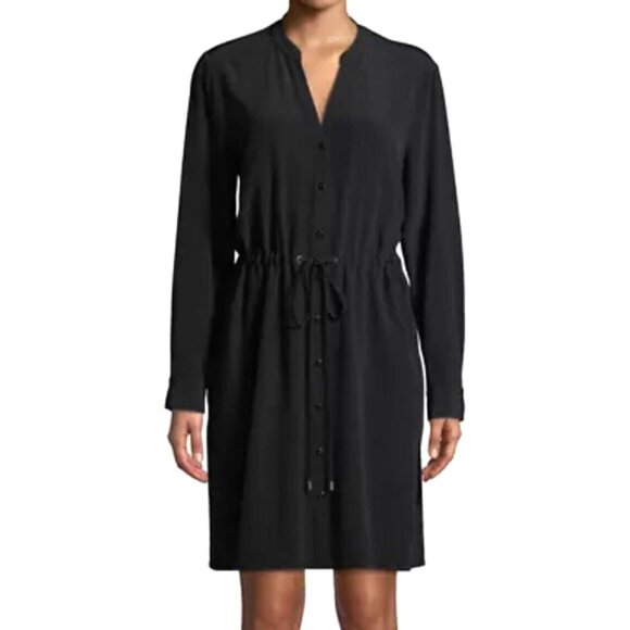 Eileen Fisher Curan black crepe drawstring waist button down dress S-M - Picture 1 of 8
